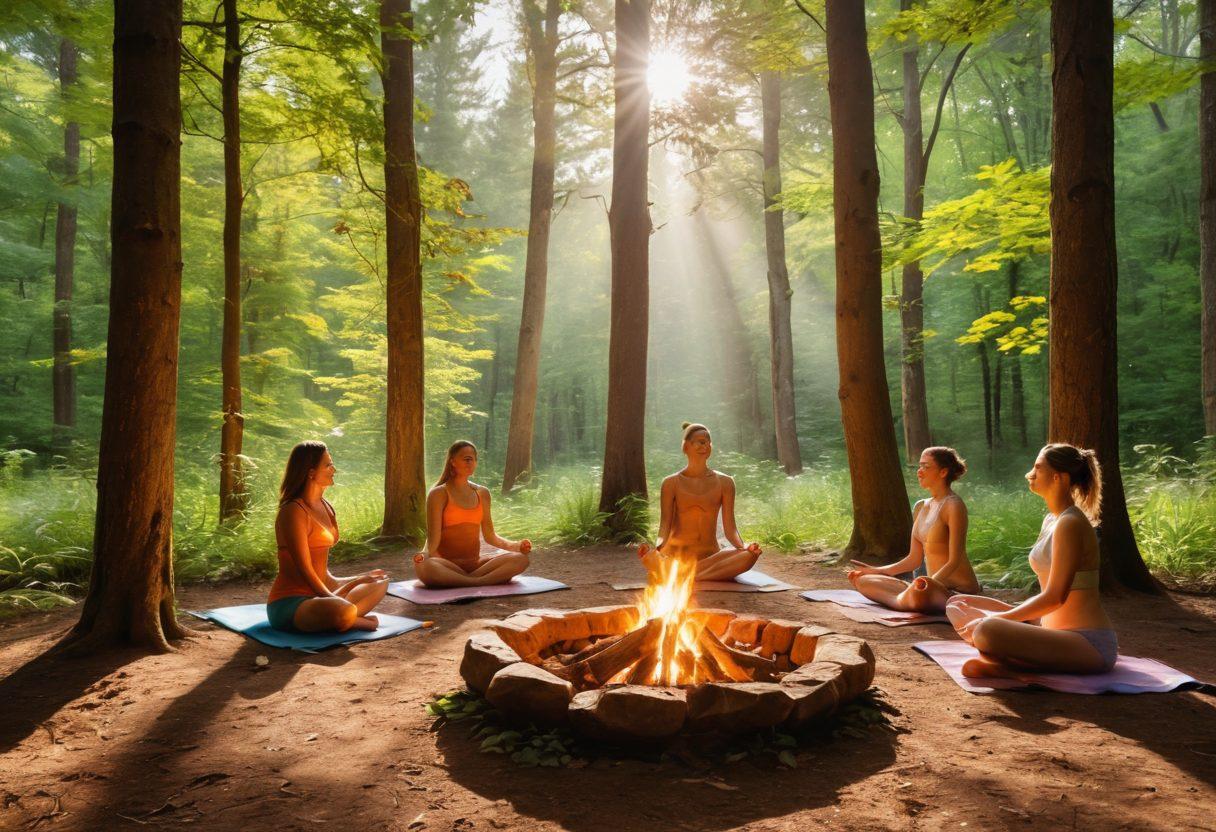 A serene nature scene showcasing joyful nudists in a vibrant forest setting, engaging in various activities such as meditating, yoga, and gathering around a cozy bonfire. Emphasize the freedom and connection with nature, incorporating lush greenery, colorful wildflowers, and soft sunlight filtering through the trees, creating a warm and liberating atmosphere. Include a sense of community and happiness. super-realistic. vibrant colors. natural light.