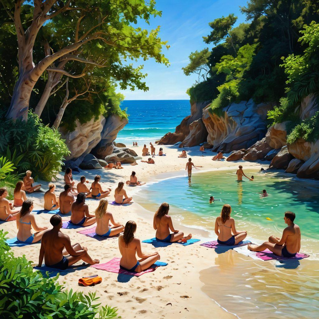 A serene beach scene showcasing a diverse group of joyful nudists basking in the sun, surrounded by lush greenery and gentle waves. People of all shapes and sizes are smiling and engaging in fun activities like beach volleyball, yoga, and painting, embodying body acceptance and freedom. Include vibrant colors to emphasize warmth and positivity in the atmosphere. super-realistic. vibrant colors. 3D.
